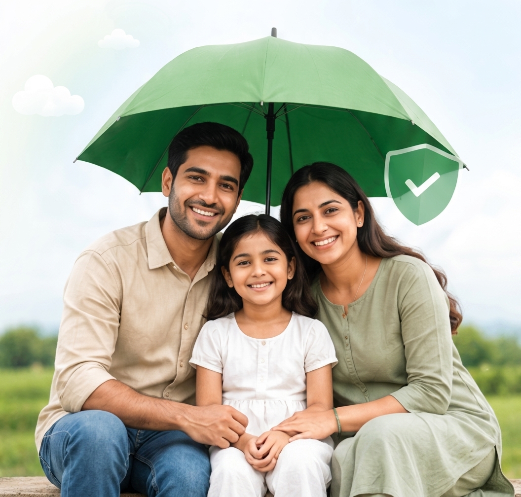A family of four standing together outdoors, smiling